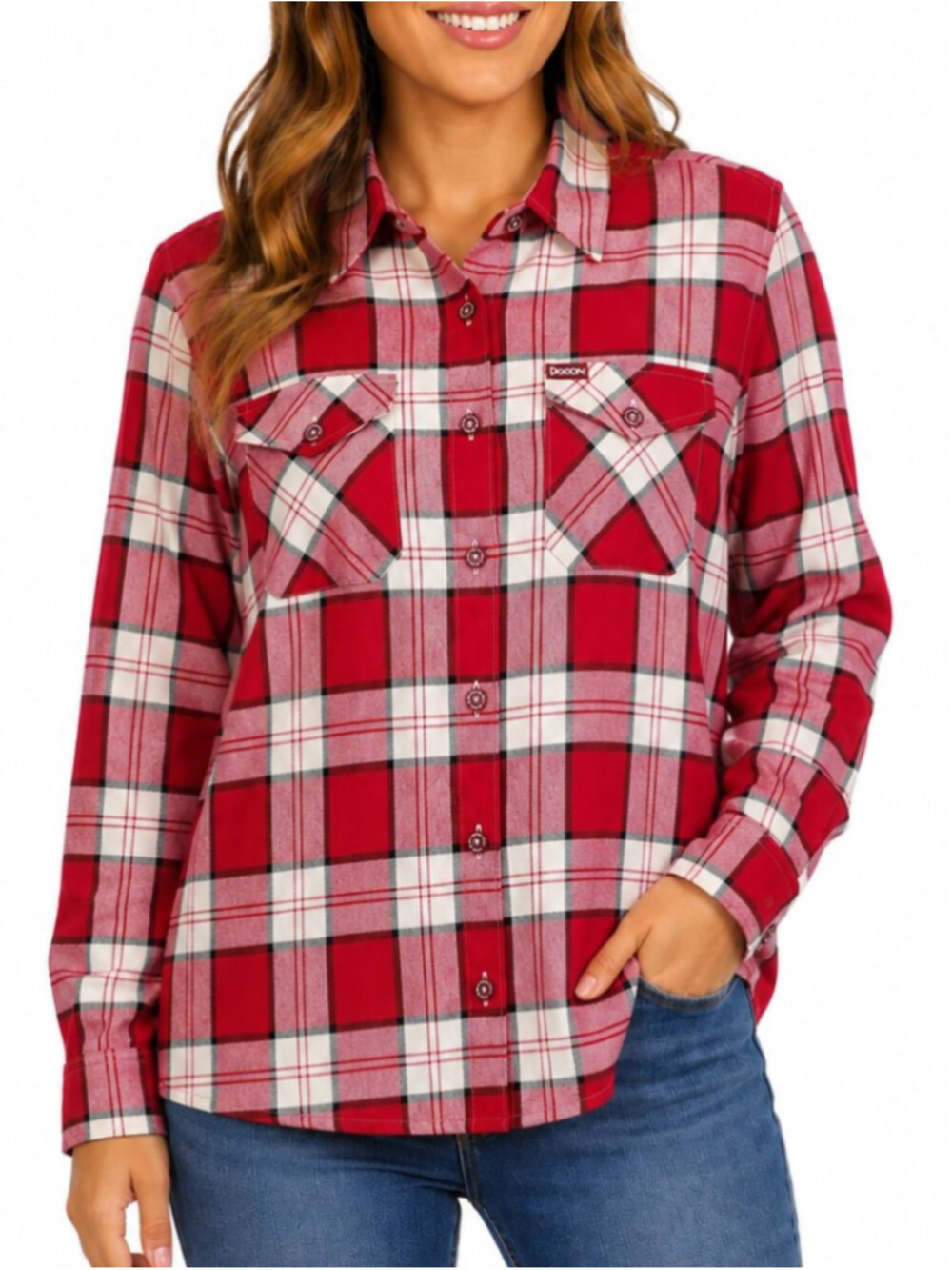 DIXXON Madison Flannel Shirt Red White Plaid Large Button Up Grunge Lumberjack